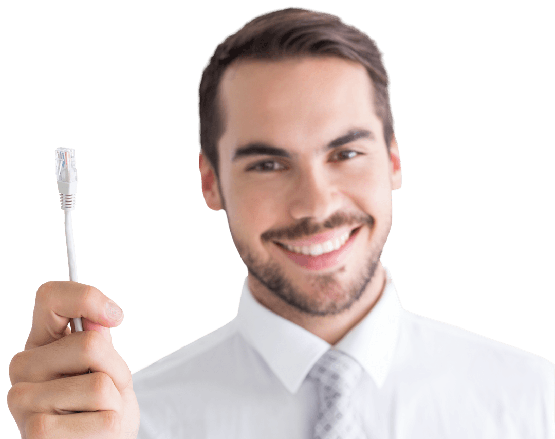 Smiling Caucasian Businessman Holding Wire on Transparent Background