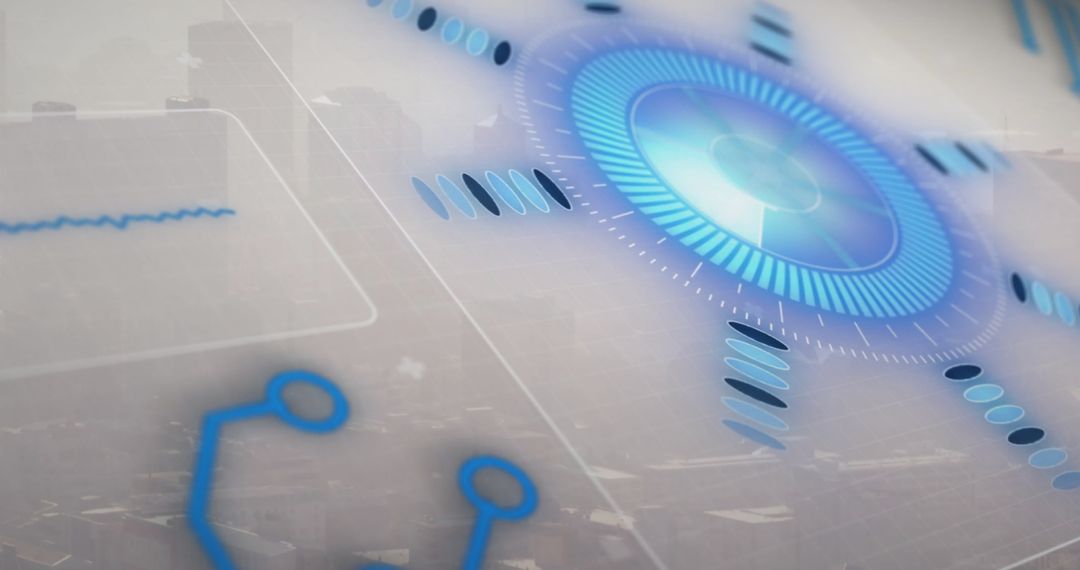 Digital Data Processing Overlaying Cityscape With Futuristic Patterns