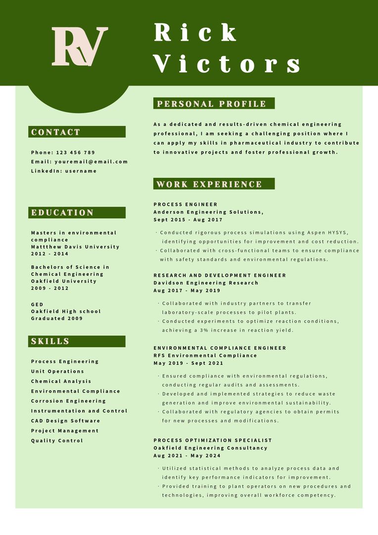 Clean and Professional Resume Template for Chemical Engineers - Download Free Stock Templates Pikwizard.com