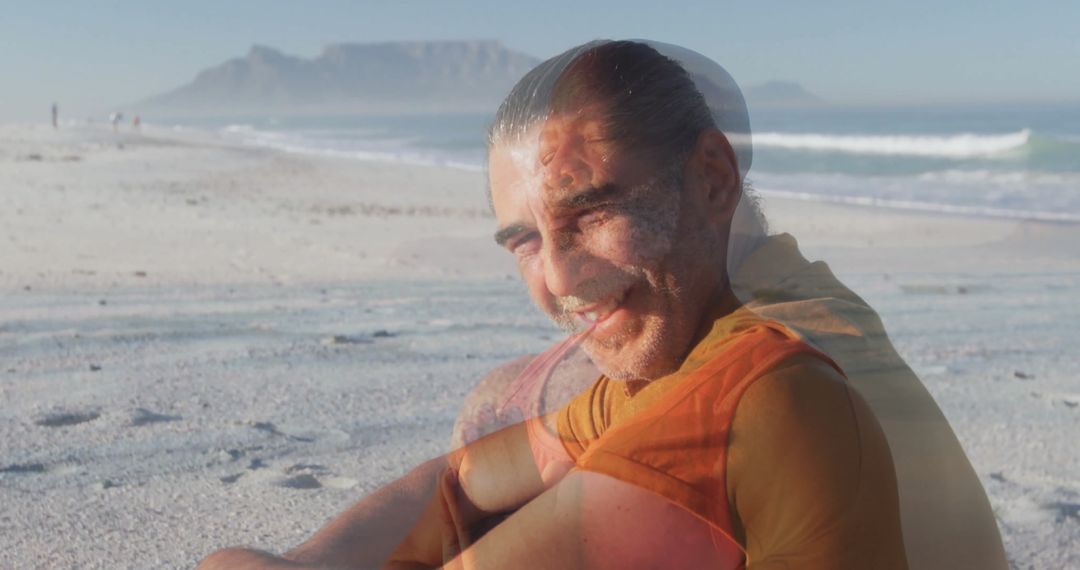 Tranquil Morning Beach Vibes with Smiling Man by Ocean