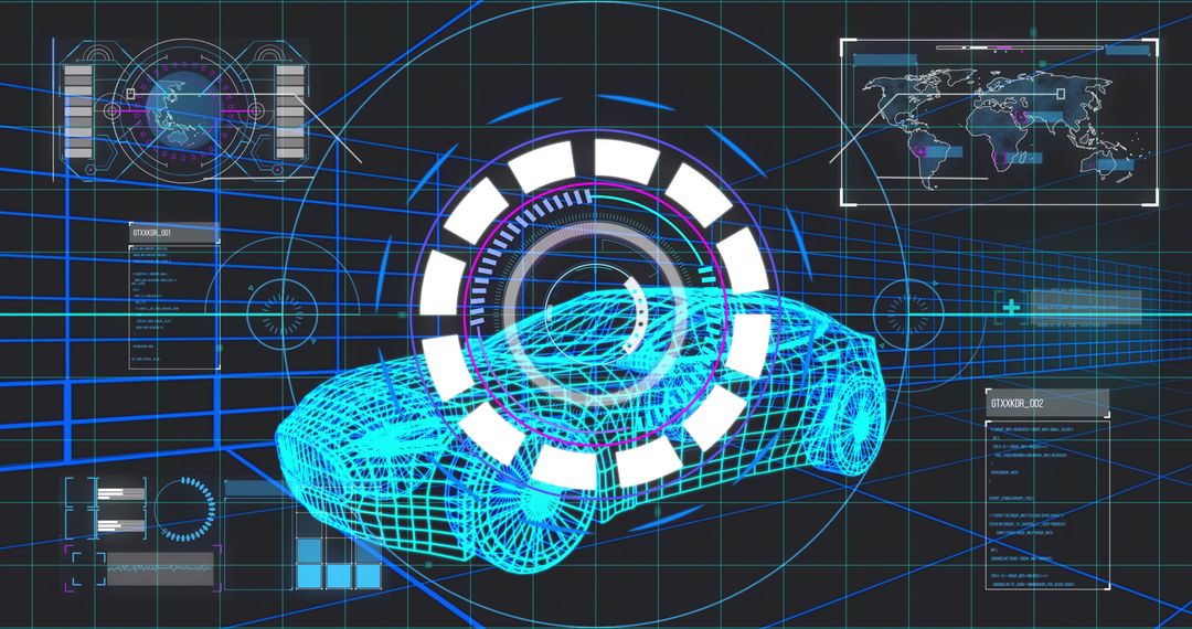 Digital Wireframe Car Model with Technological Interface Overlay