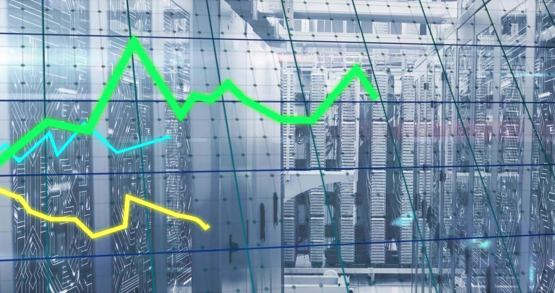 Displaying Data Center Analytics with Colorful Line Charts Over Server Racks