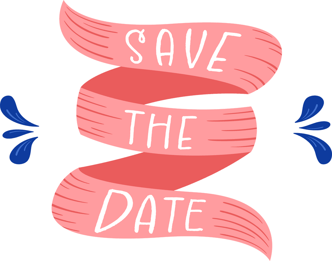 Minimalist Coral Ribbon Save the Date on Transparent Background