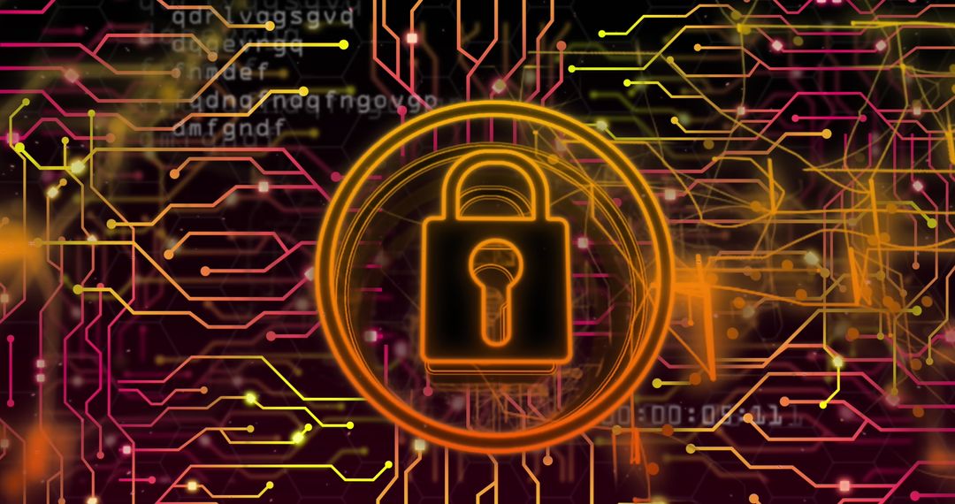 Digital Circuit Board Security with Glowing Padlock Symbol