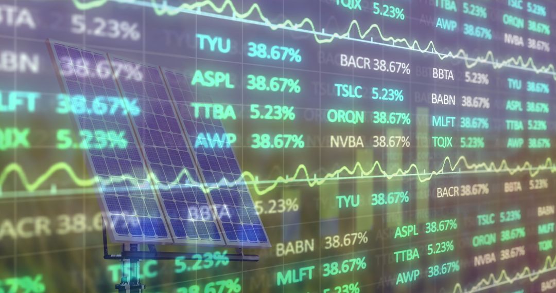 Solar Panels with Financial Data Overlay Representing Green Energy Growth
