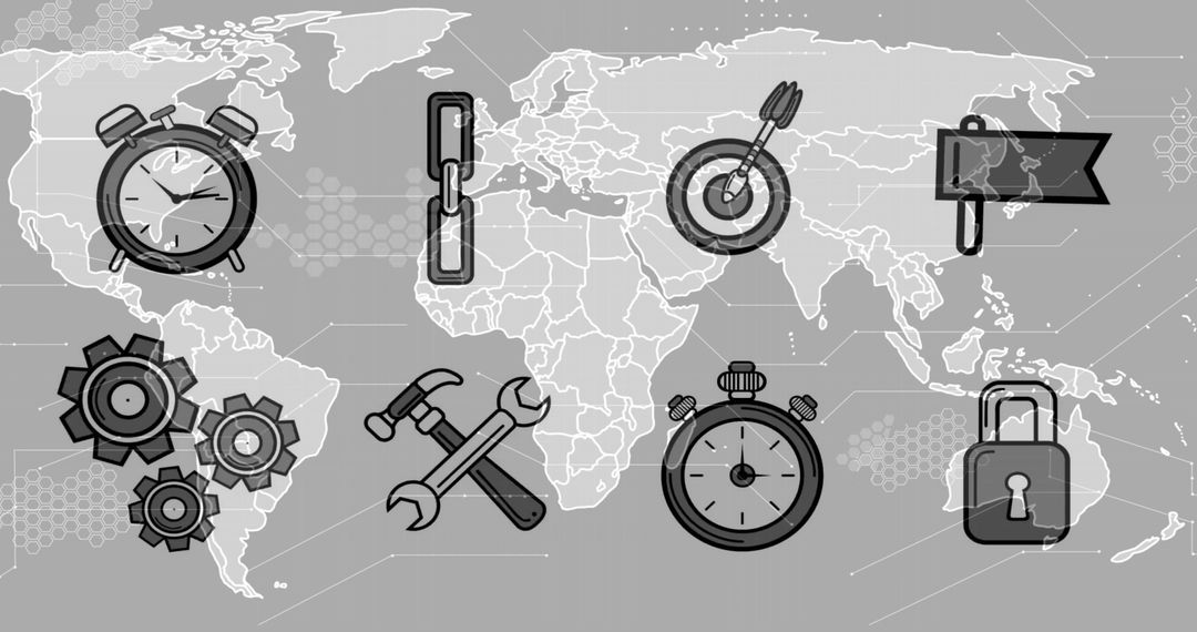 Business and Technology Icons on Digital World Map Background