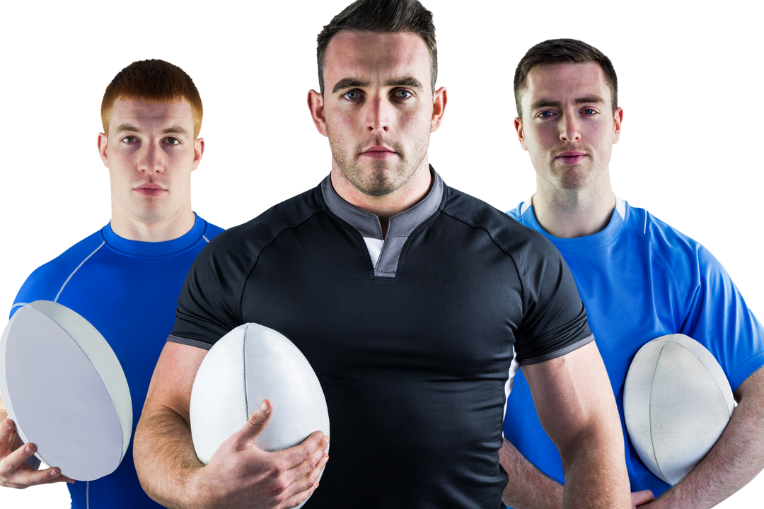 Three Focused Rugby Players with Balls on Transparent Background - Download Free Stock Images Pikwizard.com