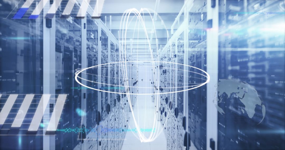 Futuristic Data Center Corridor with Digital Overlays and Server Racks