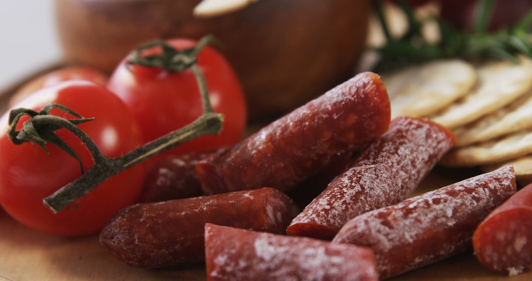 Close-Up of Sliced Salami, Tomatoes, and Crackers on Wooden Board - Free Images, Stock Photos and Pictures on Pikwizard.com