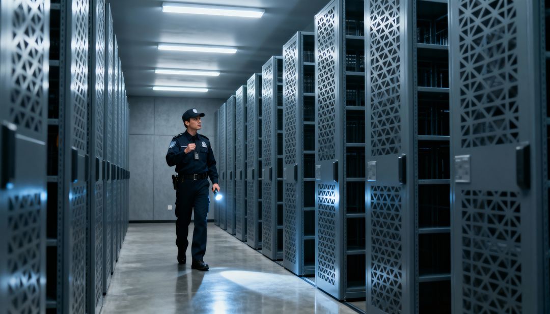 Uniformed Security Officer Patrolling Secure Data Center Aisle with Flashlight Inspecting Server Rac