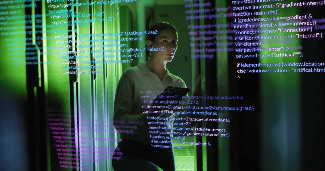 Woman Analyzing Code Amid Servers in High-Tech Atmosphere