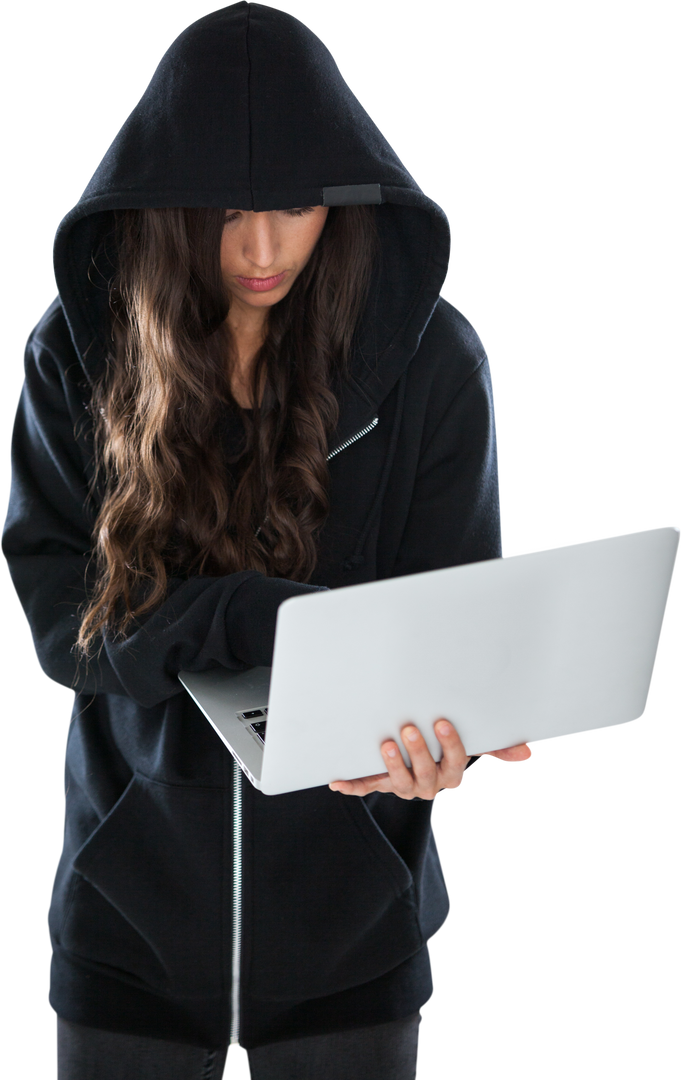 Female Hacker in Black Hoodie Using Laptop on Transparent Background - Download Free Stock Images Pikwizard.com