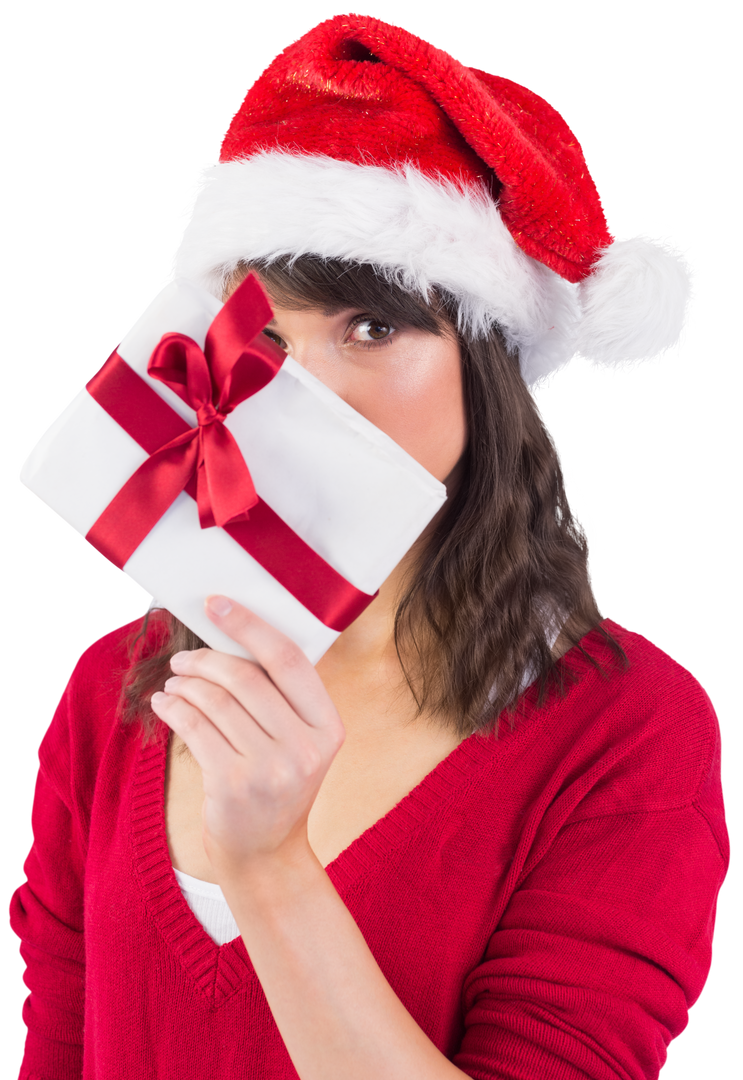 Festive Woman With Santa Hat Holding Wrapped Gift Transparent Background - Download Free Stock Images Pikwizard.com