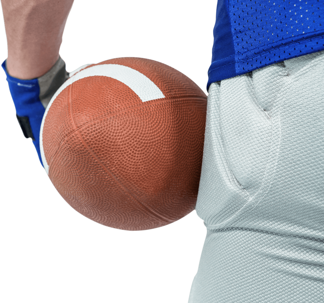 Close-Up of American Football Player Holding Ball in Blue Kit on Transparent Background