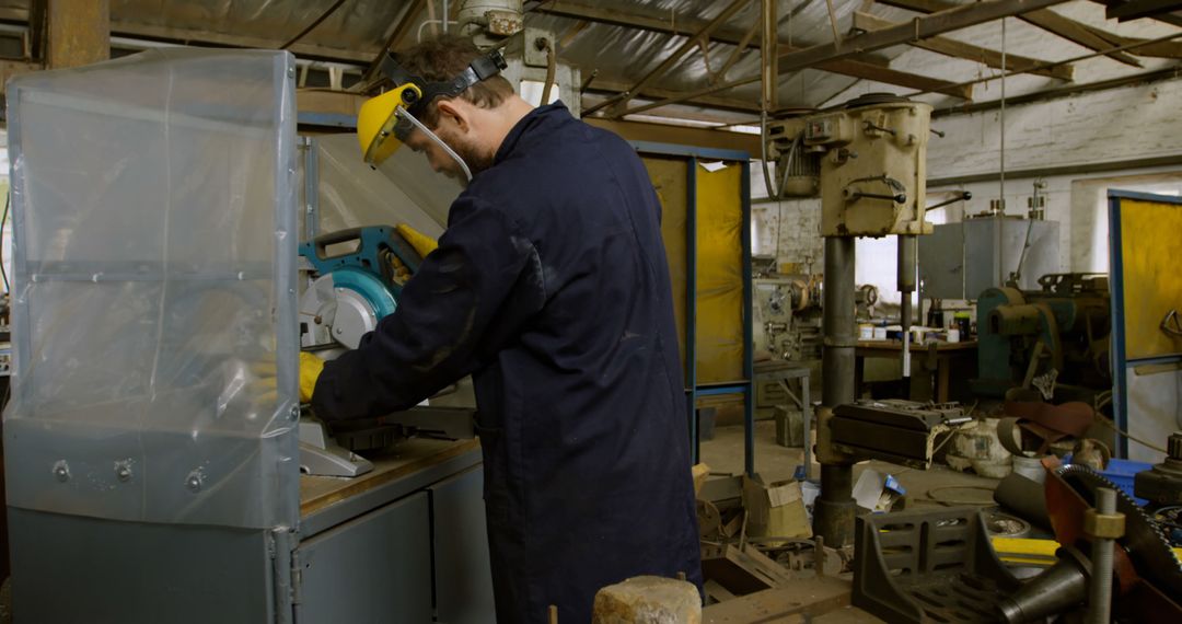 Focused Worker Using Machinery in Industrial Workshop