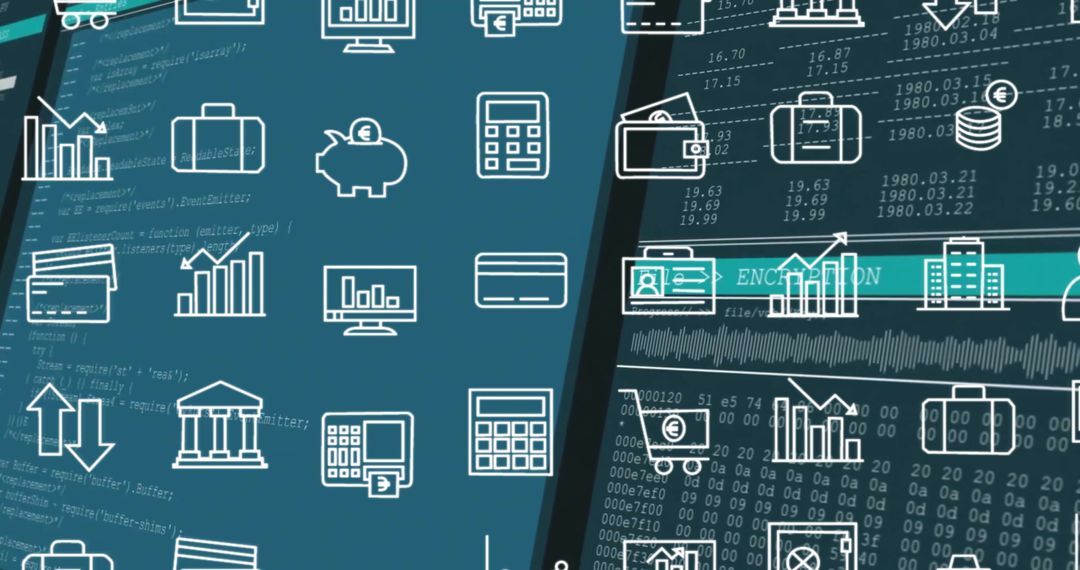 Financial Data Processing with Business Icons on Dark Background
