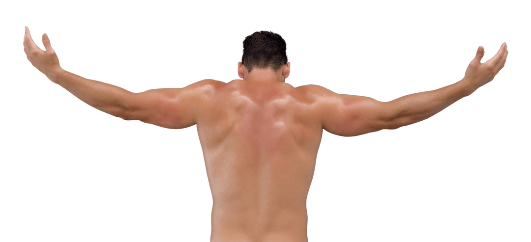 Back View of Muscular Man with Outstretched Arms on Transparent Background