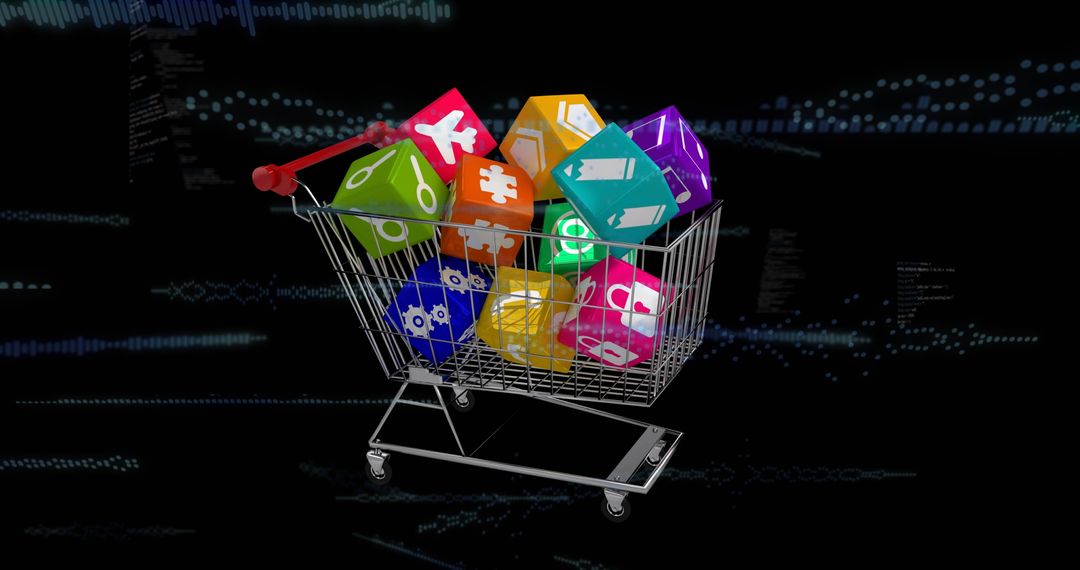 Shopping Cart with Digital Tech Icons in Futuristic Theme