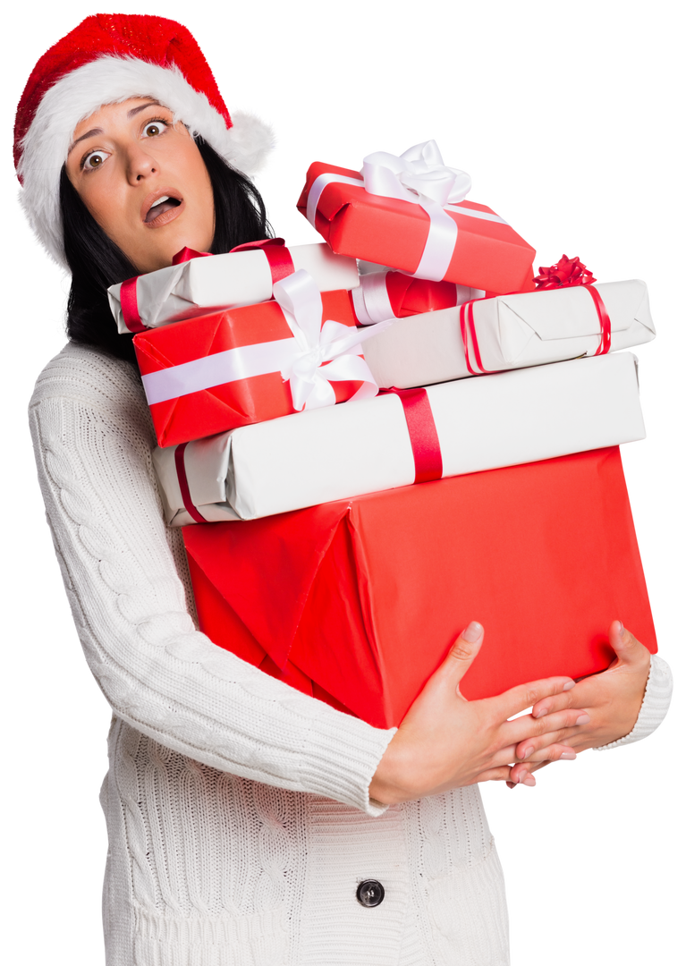 Shocked Woman in Santa Hat Holding Christmas Gifts Transparent Background - Download Free Stock Images Pikwizard.com