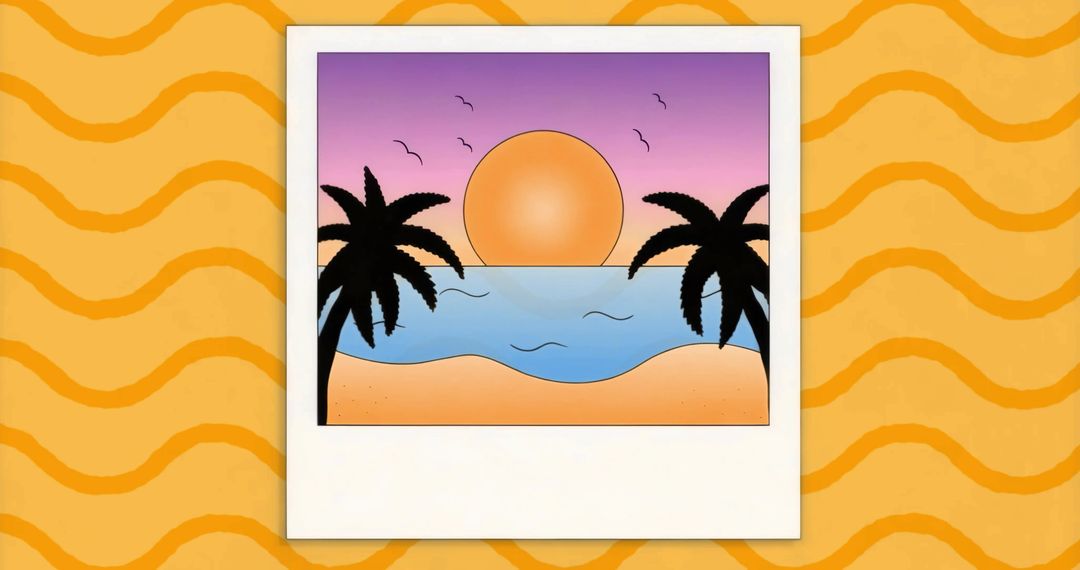 Polaroid Illustration of Tropical Sunset Beach with Palm Trees