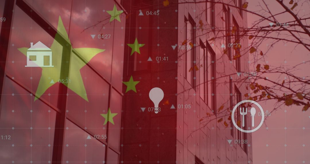 Digitally Generated Image of China Flag with Data Icons and Modern Cityscape
