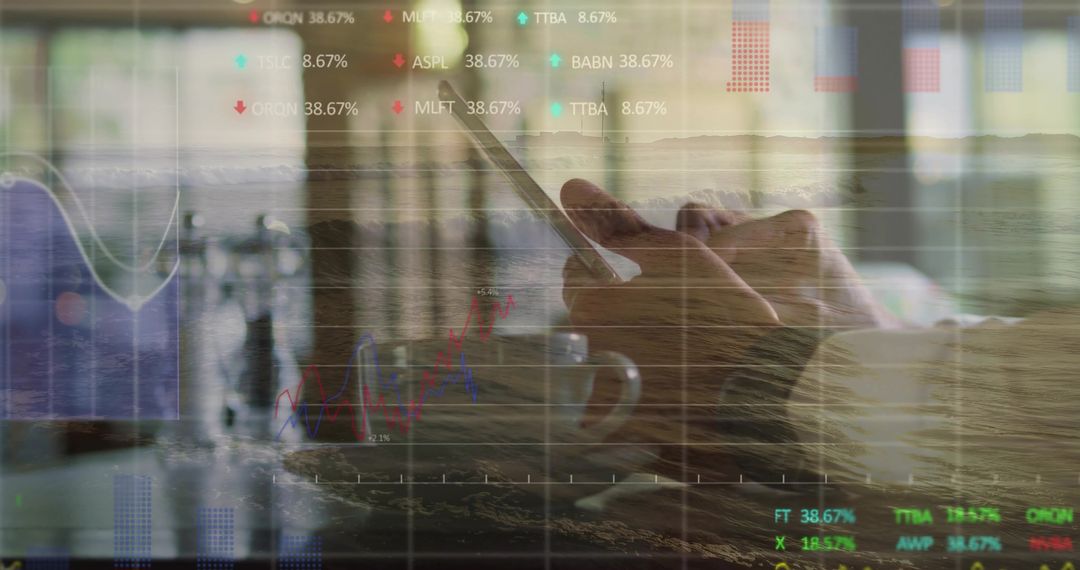 Man tapping smartphone in cafe with coffee cup and layered stock market charts overlay