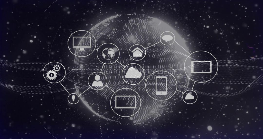 Global digital network connecting devices and cloud over futuristic dotted globe