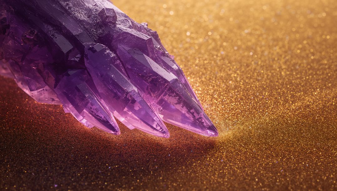 Glowing Amethyst Crystal Cluster Refracting Light on Golden Glitter Macro Background