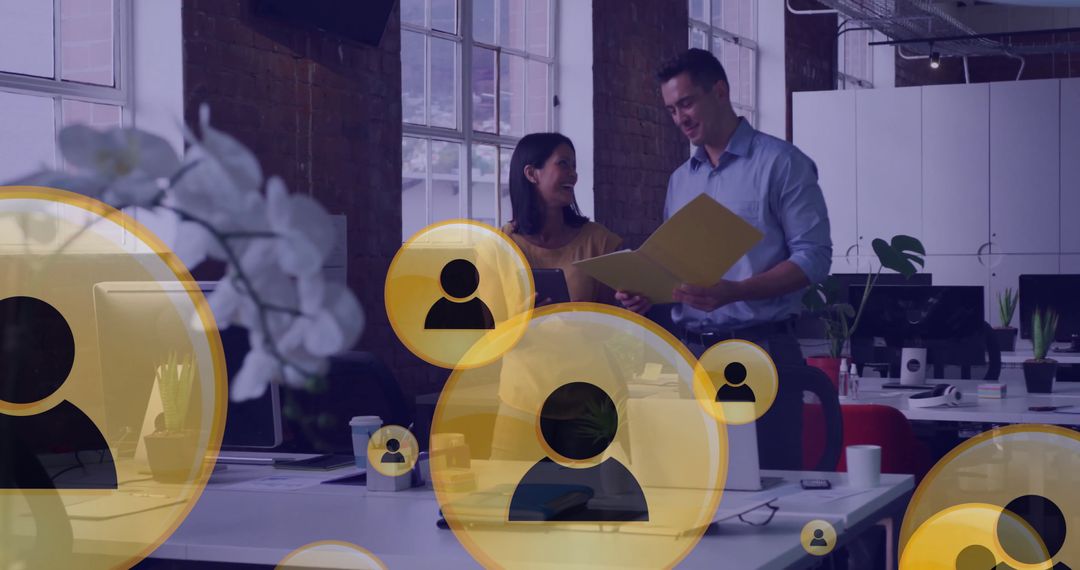 Business Networking with Icon Overlays in Modern Office