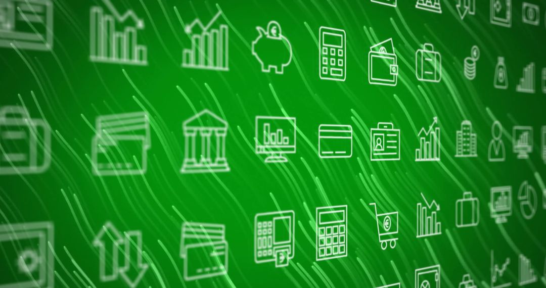 Digital Icons Floating on Abstract Green Background