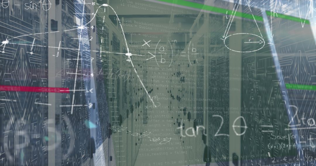 Futuristic Data Center with Math Formulas and Code Overlay