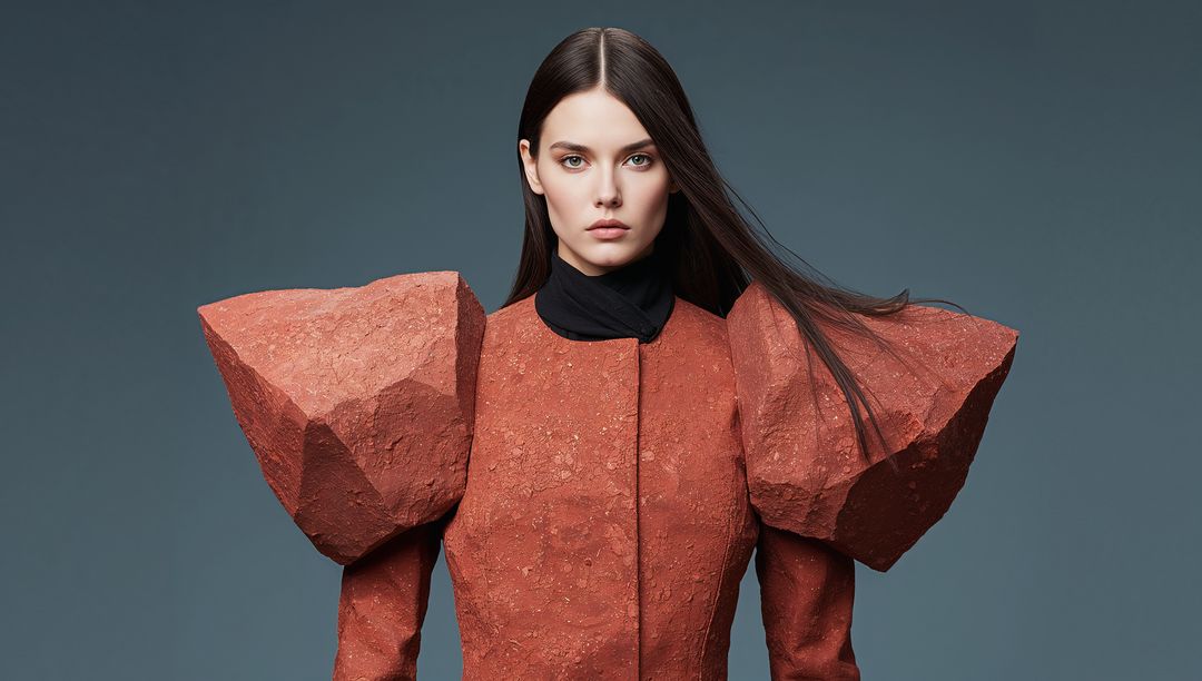 Posing model wearing sculptural rust-red textured coat with dramatic angular shoulders