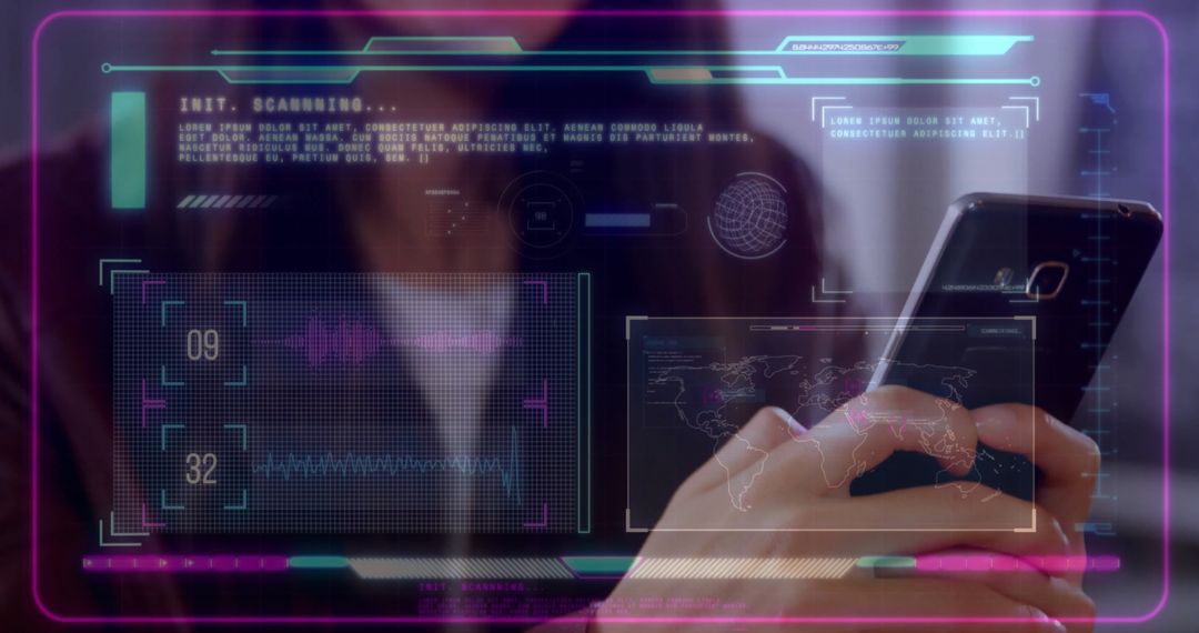 Data Processing Interface Concept with Asian Businesswoman on Smartphone