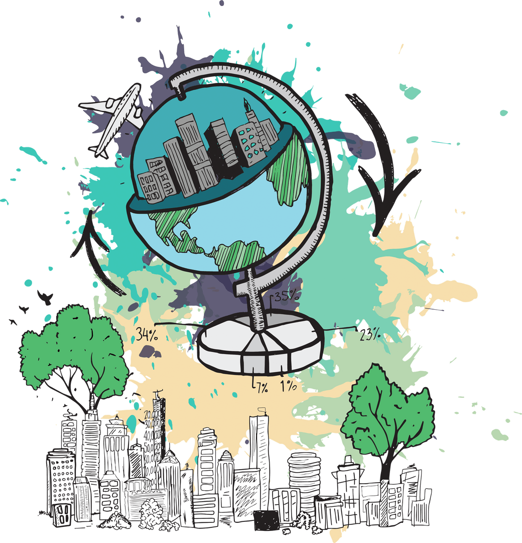 Transparent Globe Illustration with Cityscape and Elements of Travel