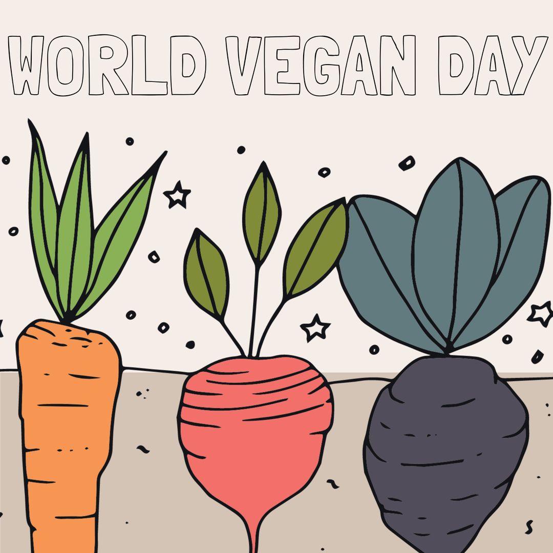 World Vegan Day Poster with Cartoon Vegetables on Beige Background
