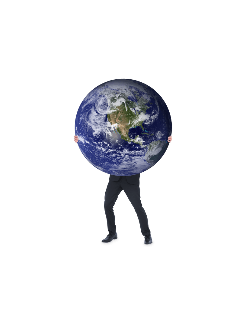 Businessman Balancing Globe on Transparent Background for Global Concept