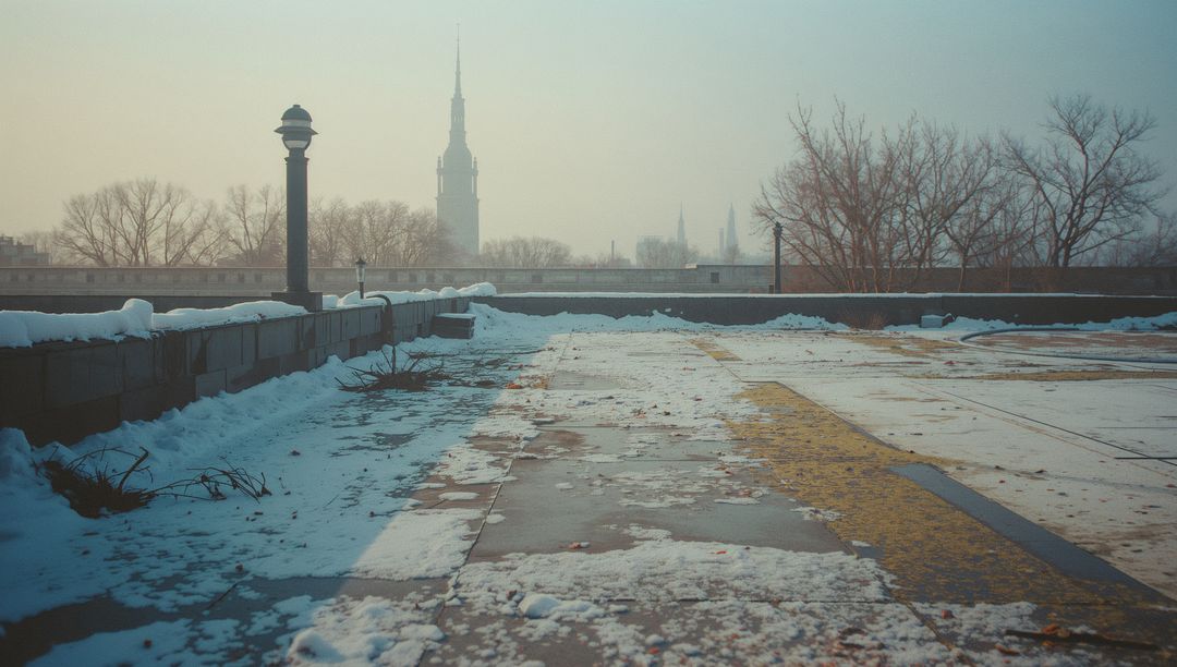 Urban Rooftop in Winter with Remaining Snow and Distant Tower