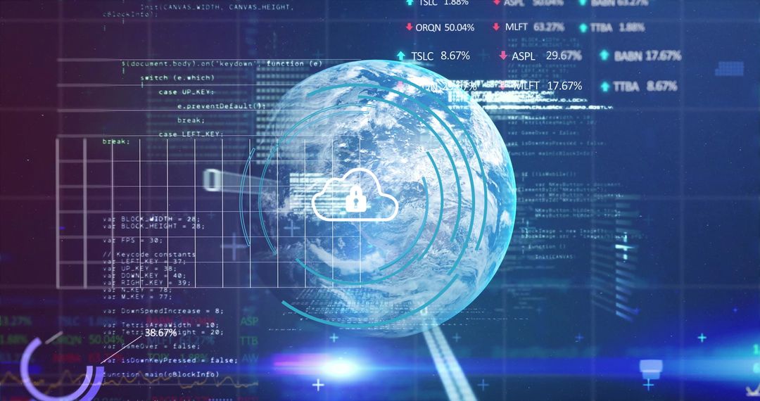 Futuristic 3D Earth with Cloud Security Interface and Data Code Overlay