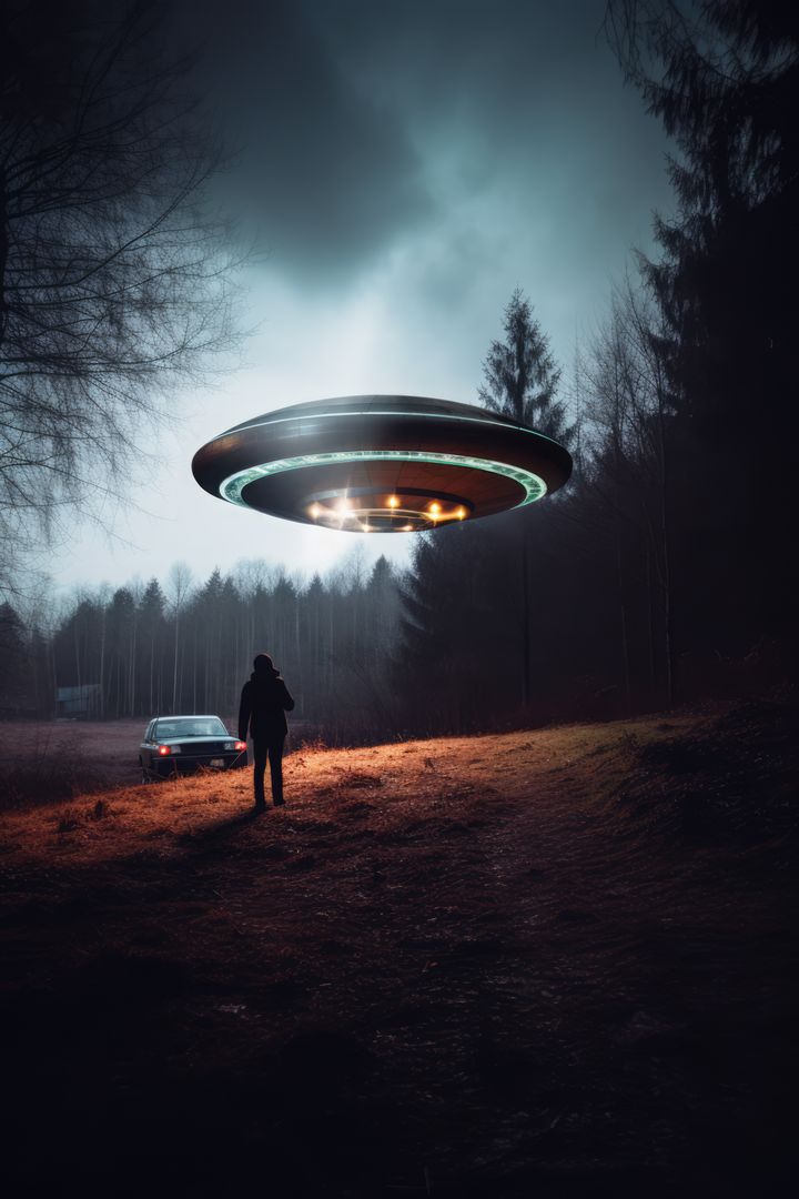 Lit ufo hovering above woman in field at night, created using generative ai technology - Free Images, Stock Photos and Pictures on Pikwizard.com