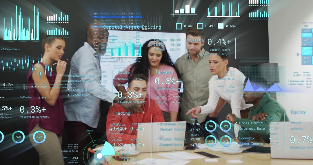 Diverse Team Engaged in Financial Data Analysis with Futuristic Display