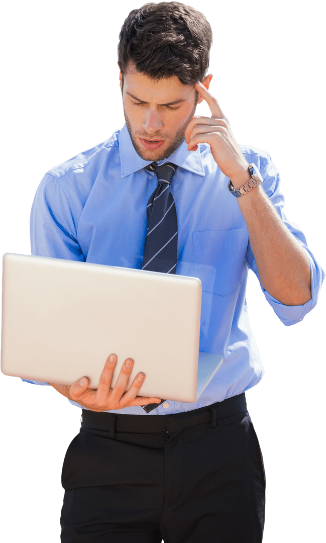 Transparent Pensive Businessman Using Laptop