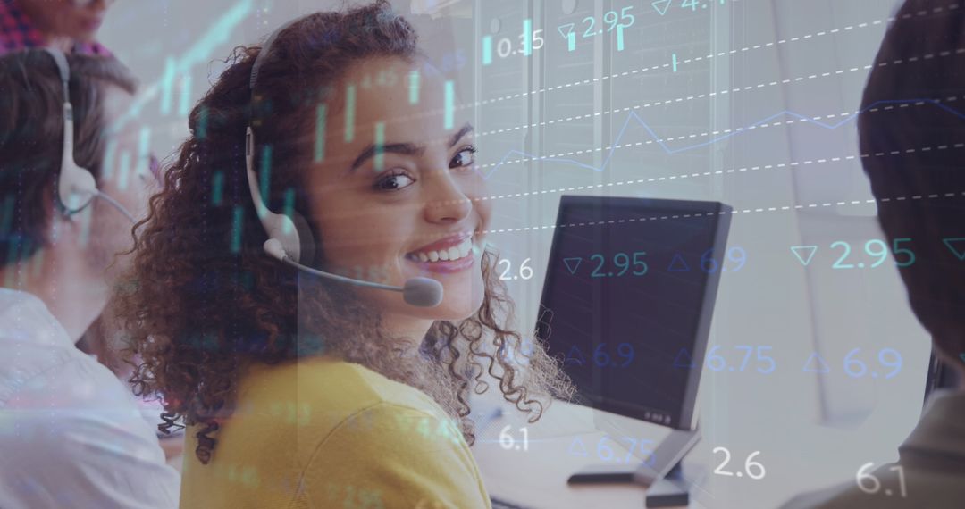 Happy Biracial Call Center Worker with Financial Data Overlay