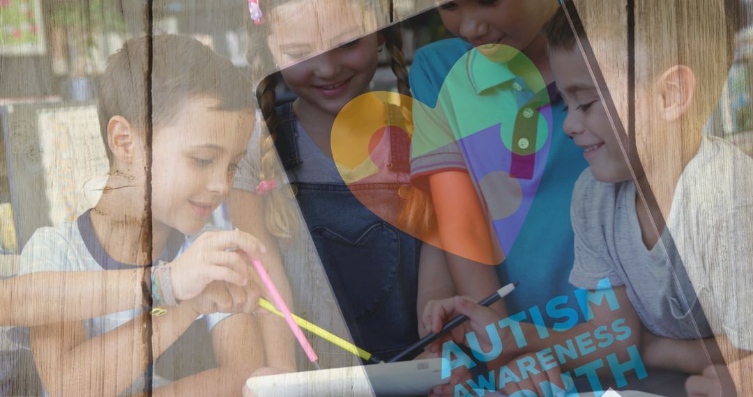 Children Engaging with Technology Behind Autism Awareness Symbol