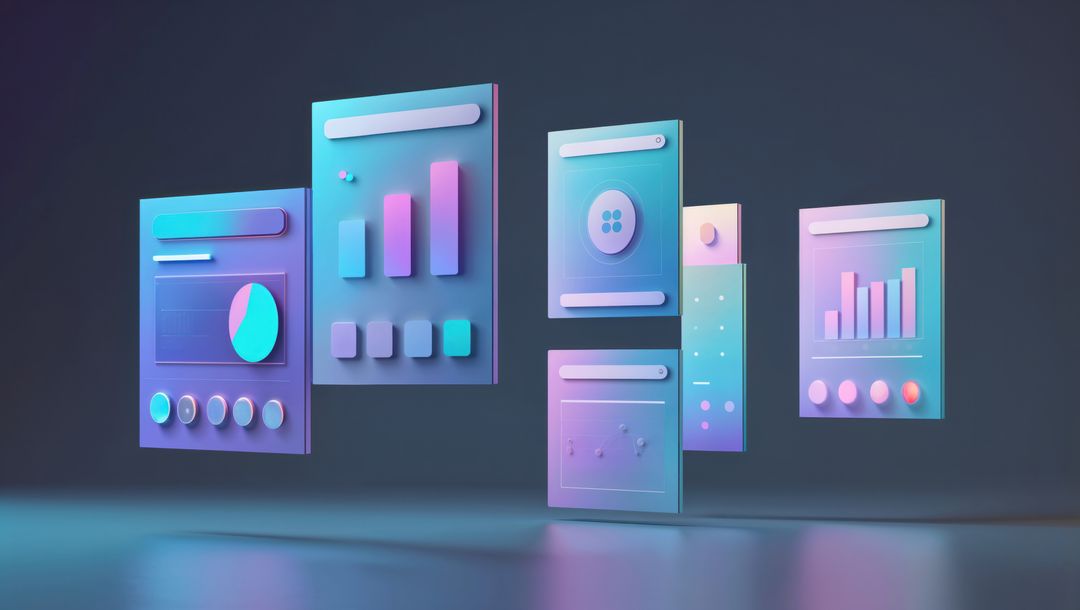 Futuristic 3D UI Panels with Pastel Highlights and Interactive Charts