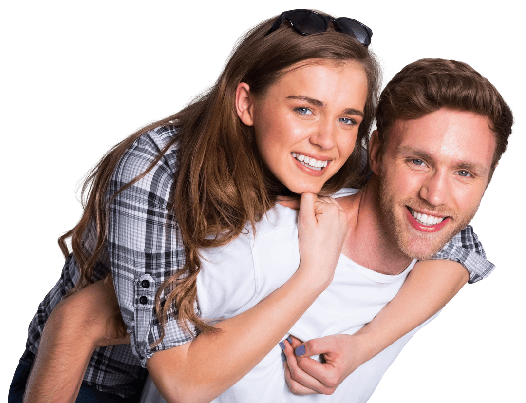 Young Couple Smiling During Piggyback Ride on White Transparent Background