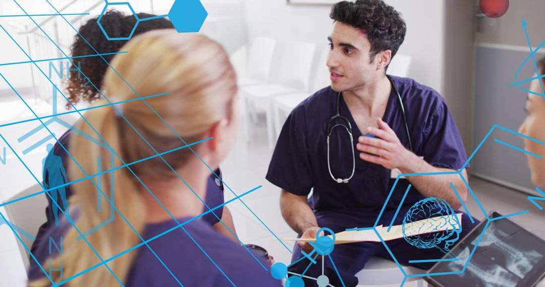 Diverse Medical Team Collaborating with Digital Interface Overlay
