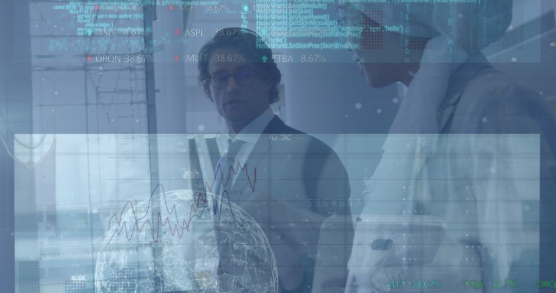 Global Business Strategy Discussion with Digital Interface Overlay