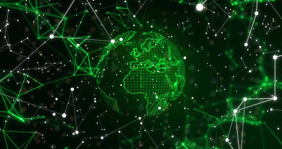Neon Green Globe with Digital Network Overlay and Nodes