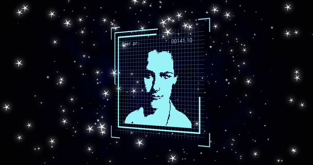 Futuristic Digital Portrait Amidst Starry Night with Tech Interface