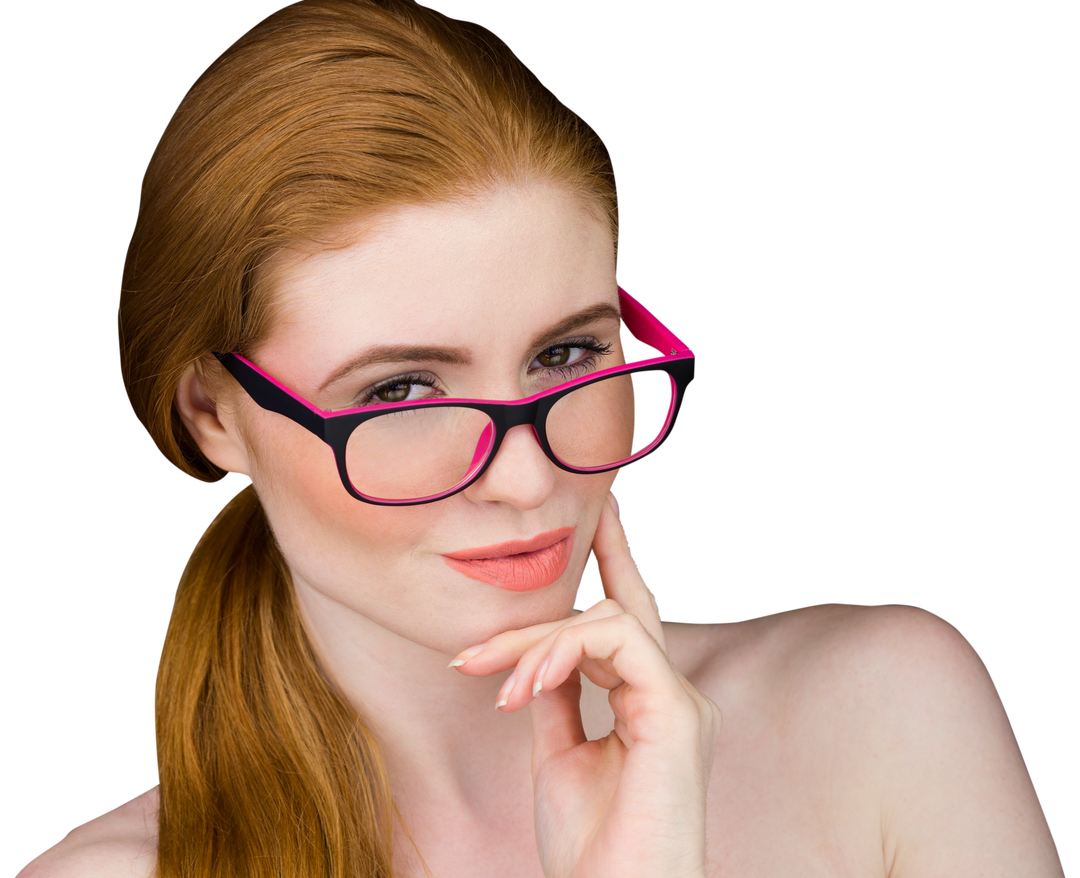 Confident Redhead Woman Posing with Black and Fuchsia Glasses on Transparent Background - Download Free Stock Images Pikwizard.com